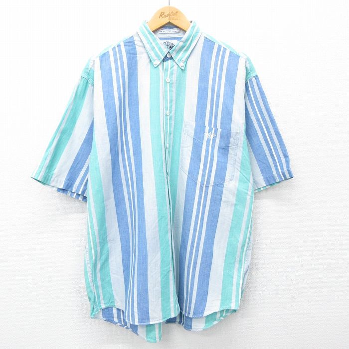 XL/古着 ドッカーズ 半袖 シャツ メンズ 90s ワンポイントロゴ コットン ボタンダウン 薄紺他 ネイビー ストライプ 24jun29  トップス