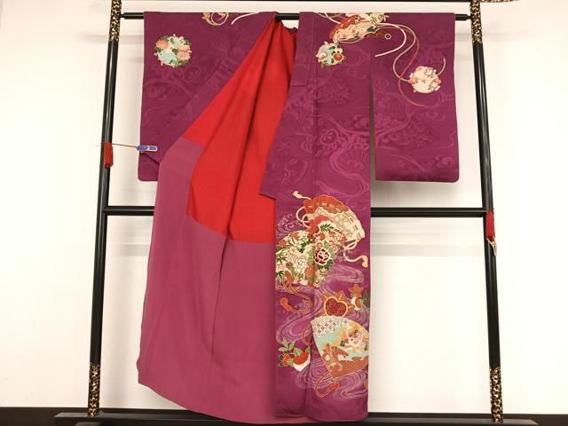 平和屋着物○アンティーク 大正ロマン 訪問着 駒刺繍 檜扇花文 金糸