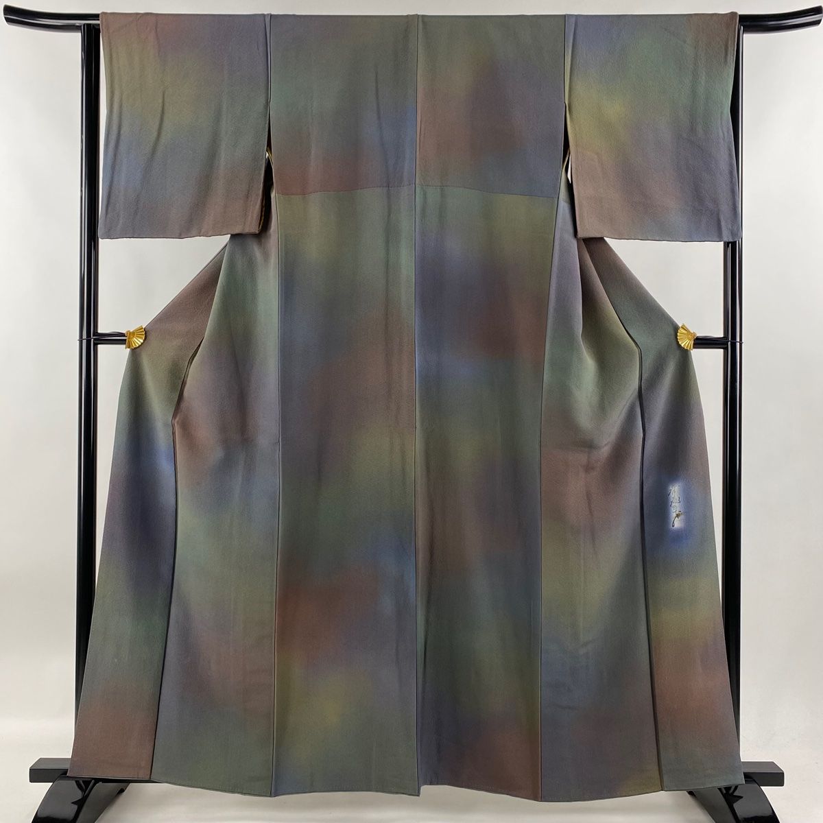 小紋 身丈159.5cm 裄丈63.5cm S 袷 斉藤三才 落款 ぼかし 茶紫 正絹 秀  