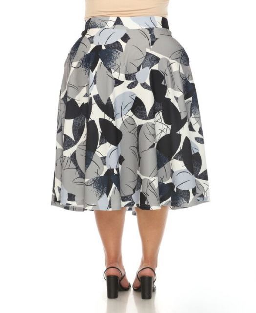 ホワイトマーク レディース スカート ボトムス Plus Size Leaf Print Vintage Flared Midi Skirt Navy