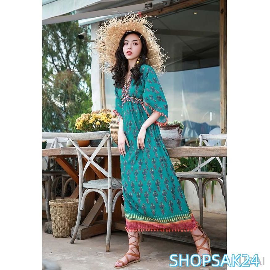 リゾートワンピース マキシ丈 七分袖 Vネック 体型カバー 総柄 民族風