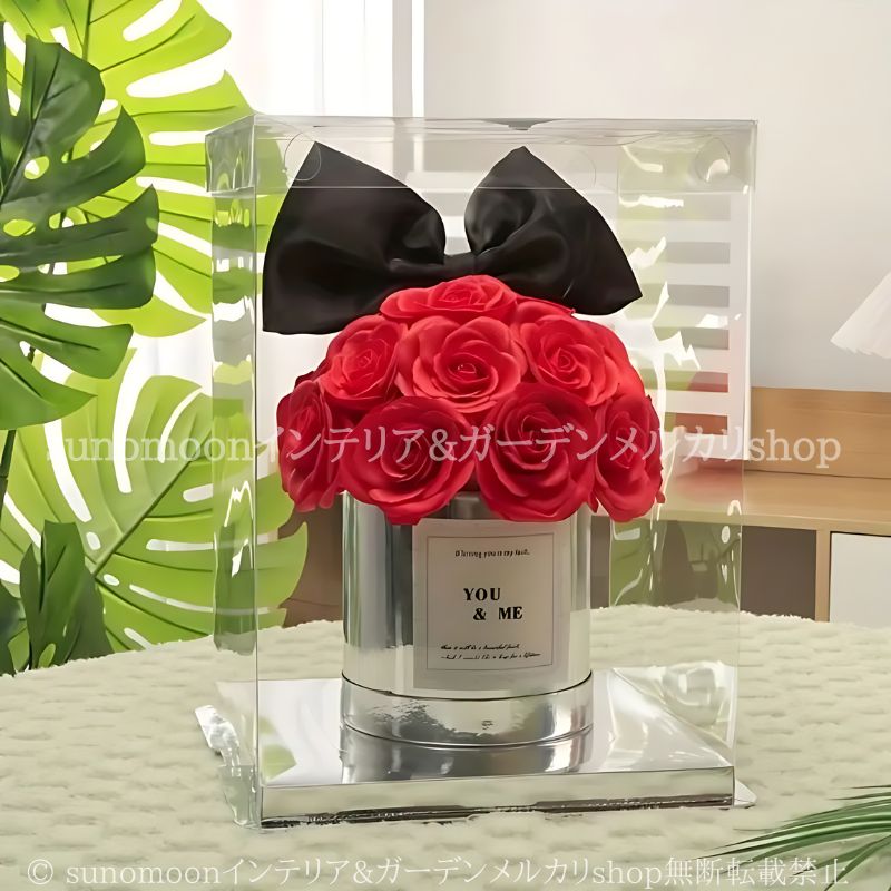 バラ フェイクフラワー リボン付き 薔薇 造花 クリアボックス 花 ローズ プレゼント ギフト 誕生日 装飾 飾り パーティ 卒業式 バレンタイン おしゃれ かわいい エレガント テーブルトップ インテリア