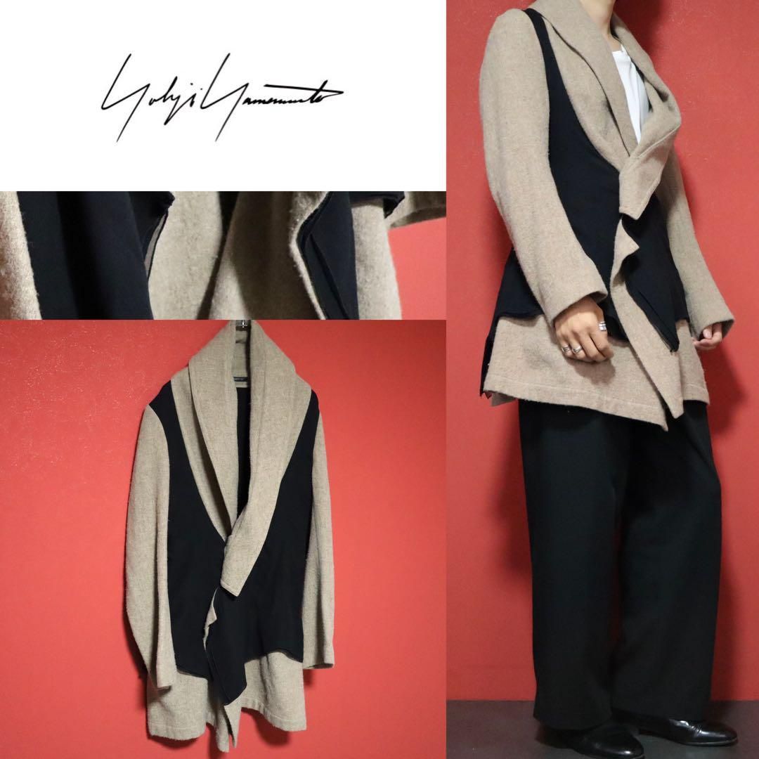 【モード】Yohji Yamamoto 05AW シルク切替 デザイン コート モード】Yohji Yamamoto 05AW シルク切替 デザイン コート
