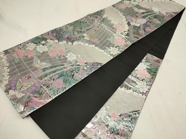 袋帯 波濤に蝶と花柄 金糸の華やかな帯 正絹 六通柄 アンティーク 袋帯 波濤に蝶と花柄 金糸の華やかな帯 正絹 六通柄 アンティーク