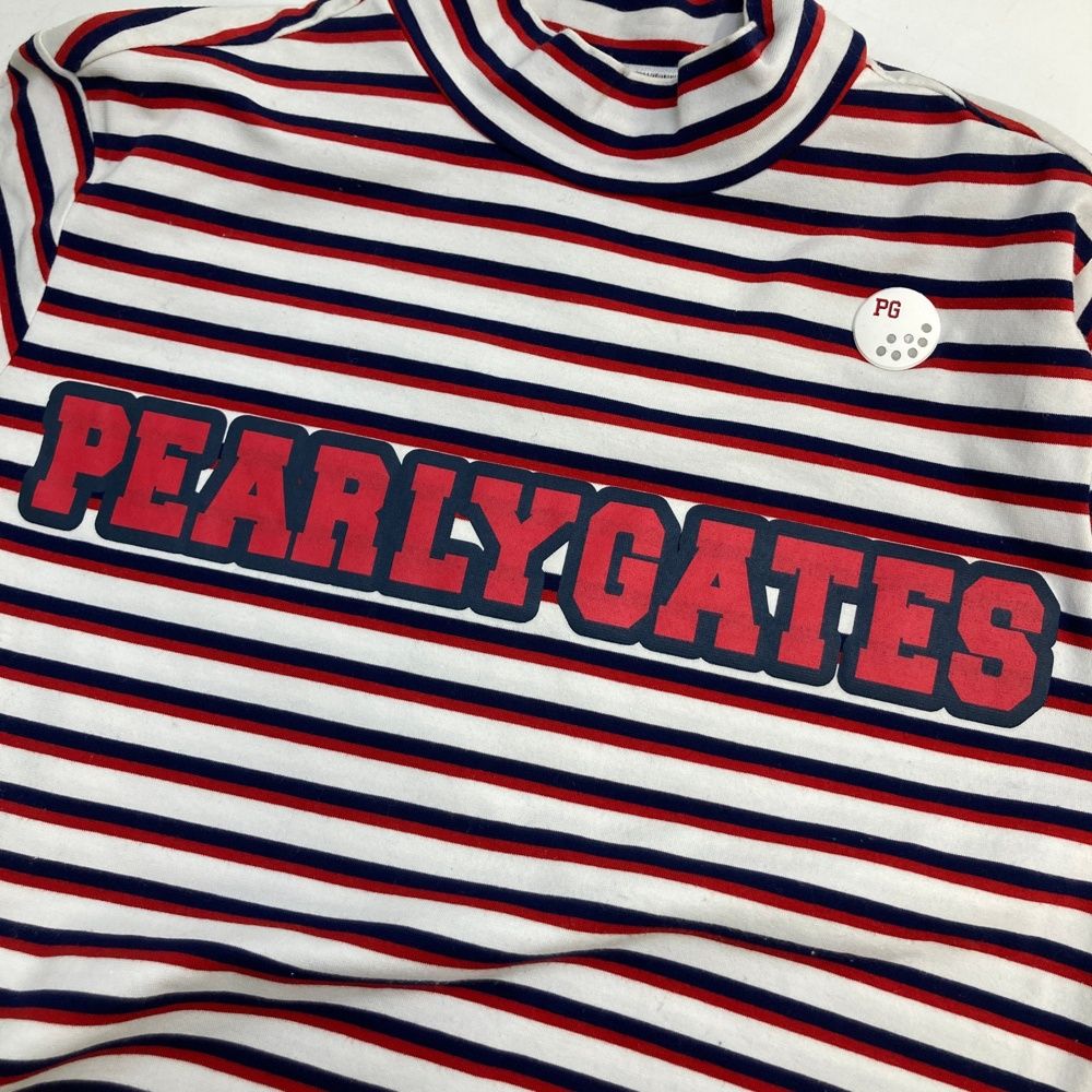 サイズ：0 PEARLY GATES パーリーゲイツ  ハイネック 半袖Tシャツ ボーダー柄 ネイビー系 [240101418863] ゴルフウェア レディース ストスト PEARLY GATES パーリーゲイツ 半袖ハイネックTシャツ ネイビー系