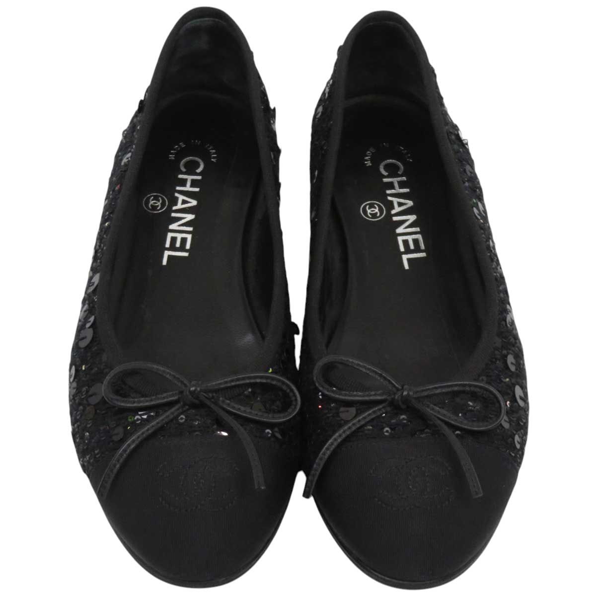シャネル ココマーク リボン スパンコール バレエシューズ G02819 レディース ブラック CHANEL アパレル 小物