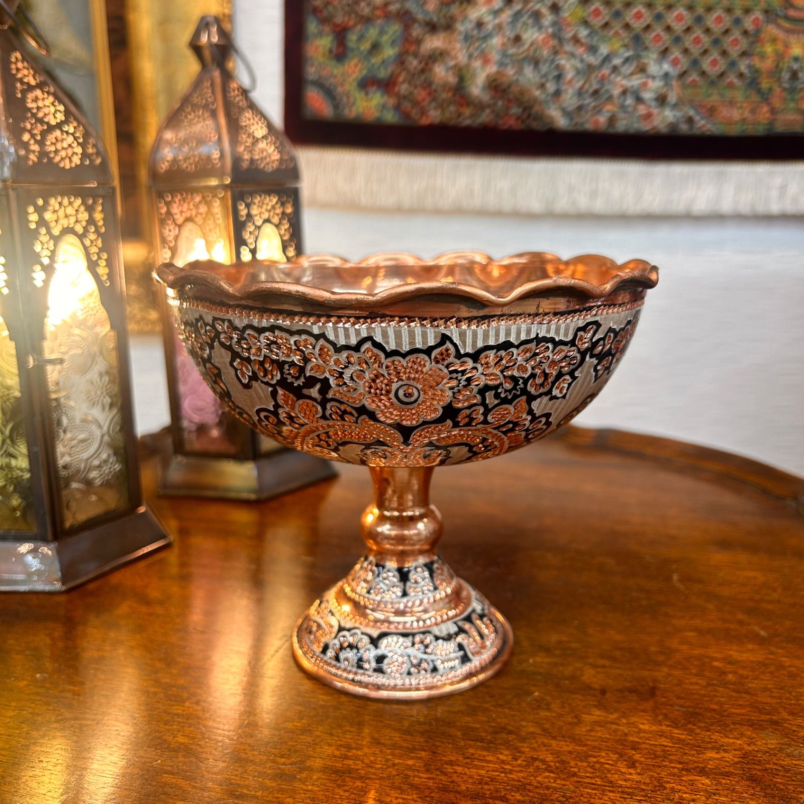 タッツア ペルシャ 銅 手彫り細工 エングレービング 花瓶 花器 タッツァ ボウル 約16×13.5cm インテリア小物 チェリーベアインテリア