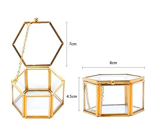 六角形 ジュエリーボックス 宝石箱 収納ボックス 透明 黄銅 蓋付き 小物入れ ジュエリーケース ガラスボックス ジュエリー収納 ゴールデンヴィンテージ