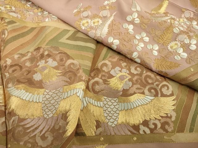 平和屋着物●中国三大刺繍 相良刺繍 総刺繍 色留袖 駒刺繍 鳳凰花丸文 金糸 正絹 DAAY1414ps