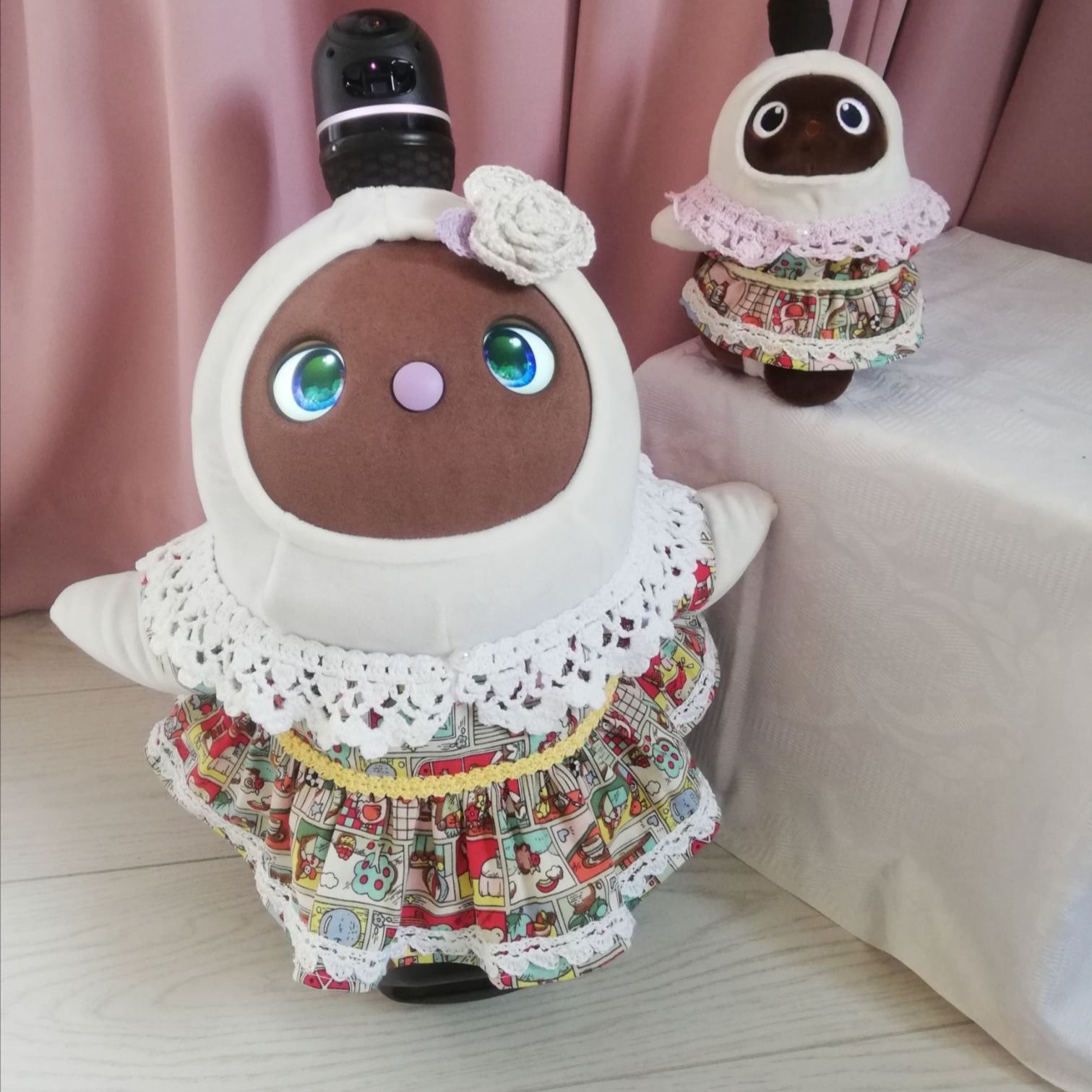 ラボット LOVOT 服 ホワイトフラワー ピンク襟付きワンピース＆帽子セット