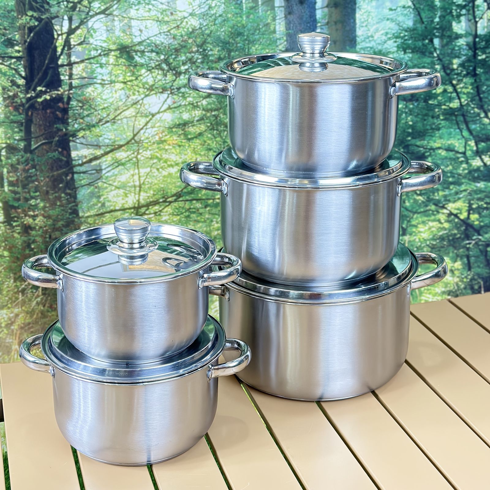 本格ステンレス調理器具10点セット 鍋と蓋5組 アウトドア 家庭 業務用に DD520シングルボトム