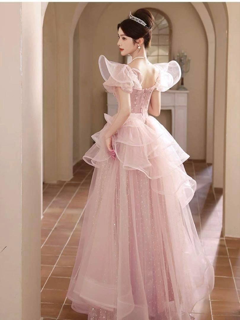 カラードレス 編み上げ ピンク フラワー ステージドレス ロングドレス