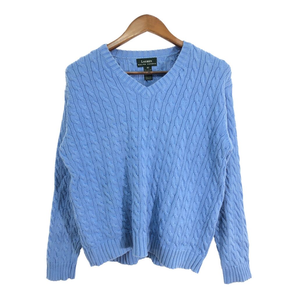 Lauren Ralph Lauren ローレンラルフローレン ケーブル編み セーター ワンポイントロゴ ブルー (メンズ M) 中古 古着 R3341
