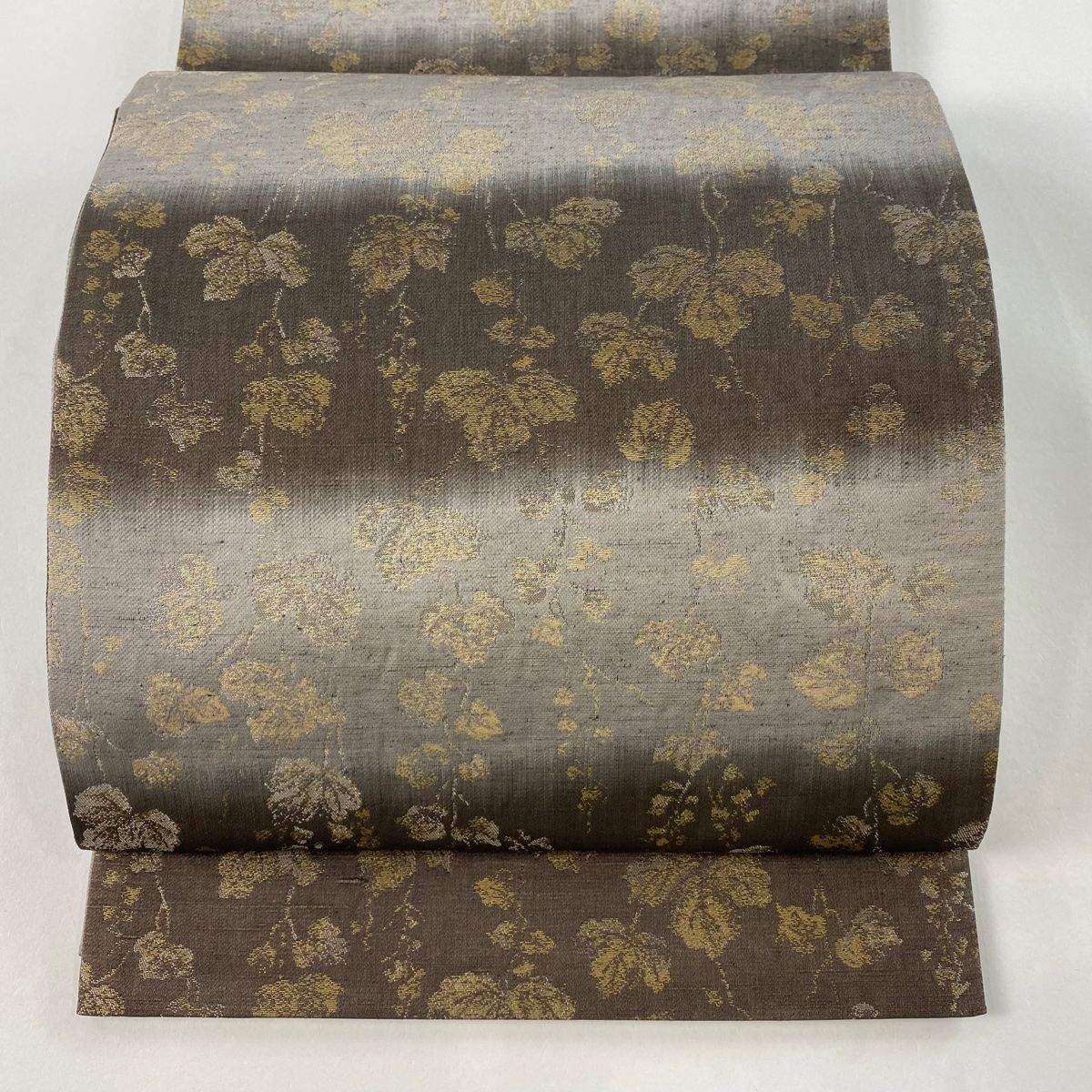 逸品□正絹□金彩紬□流水に源氏香古典文様袋帯□薄茶グレー金ベージュ 平和屋着物◎六通柄袋帯 唐織 流水枝花文 金糸 引箔 正絹 逸品