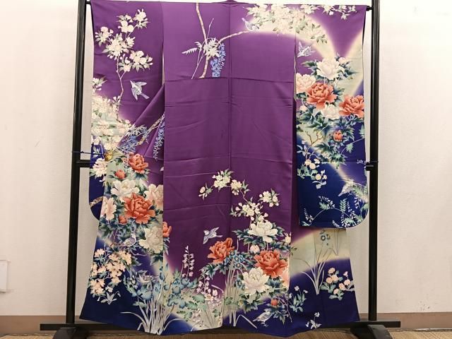 平和屋-こころ店■豪華振袖　駒刺繍　御所車花鳥文　金彩　三越扱い　正絹　逸品　AAAK3176Aog