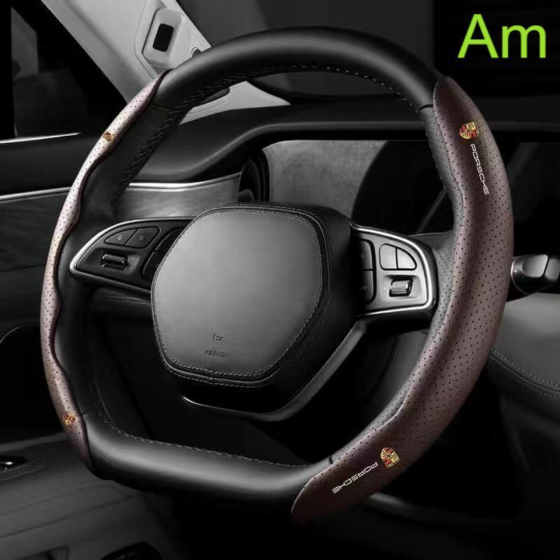 ポルシェ PORSCHEモカブラウンハンドルカバー ハンドル保護 専車ロゴ ステアリングカバー レザー 滑り止め D型 O型 分割 タイプ 2本セット aacn qtm