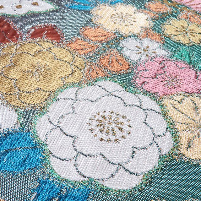 袋帯 振袖用 リサイクル 正絹 フォーマル 仕立て上がり 六通 花に蝶模様 箔糸 マルチカラー 多色 金銀 きもの北條 A1286-18