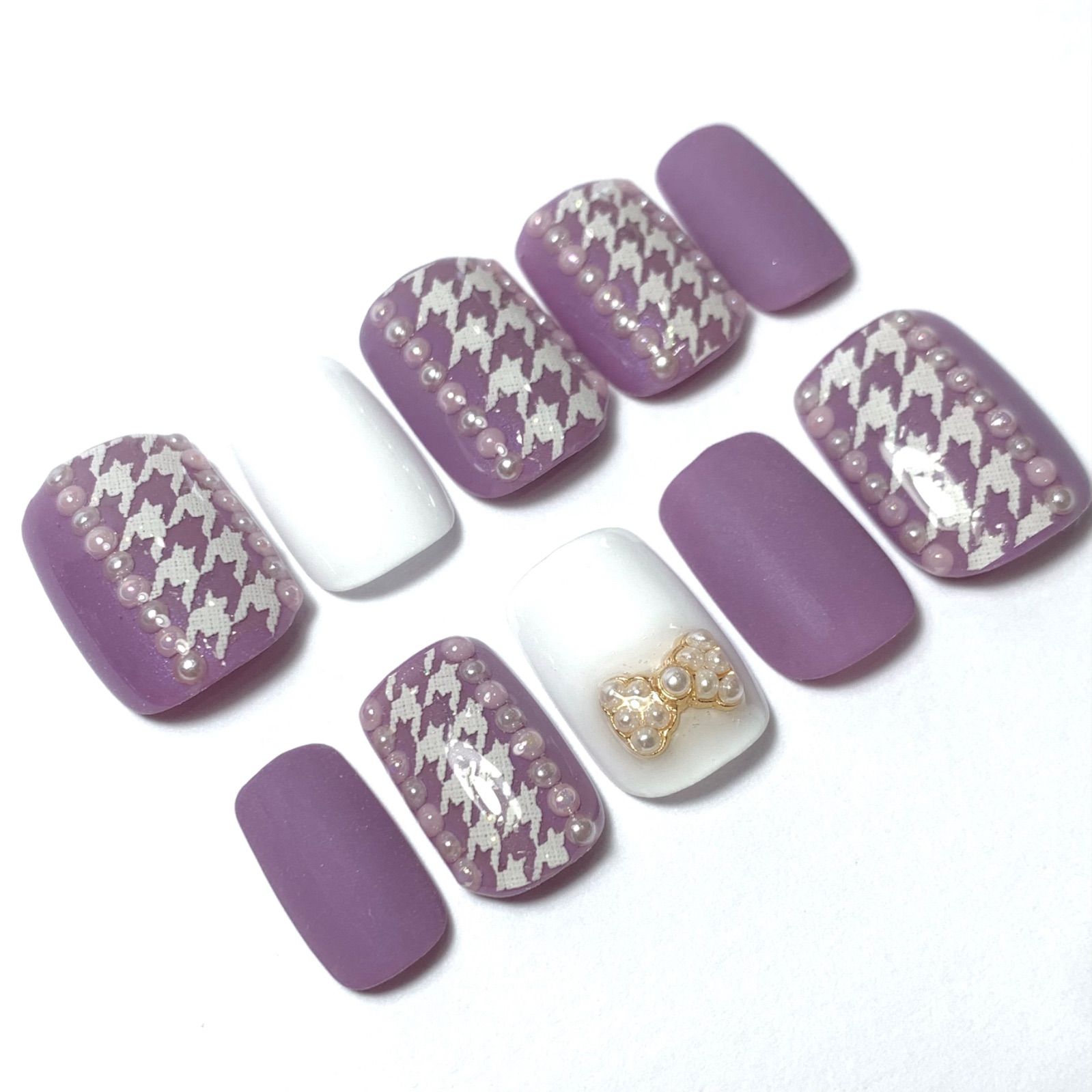 現品限り くすみパープル＆千鳥格子柄ネイルチップ ハンドメイド