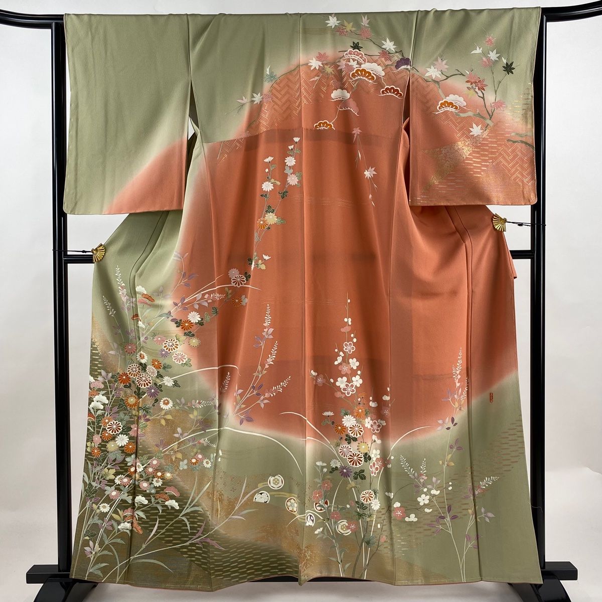 訪問着 身丈160.5cm 裄丈65.5cm M 袷 落款 秋草 霞 金彩 ぼかし 灰緑  