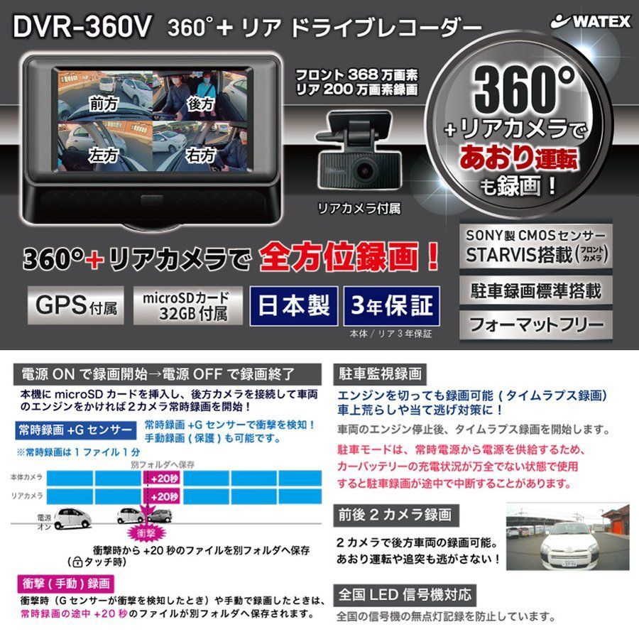 新品！WATEX DVR-360V 360°カメラ＋リアカメラ付き！ 激安直営店 8820
