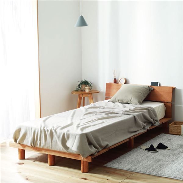 すのこベッド 寝具 幅141cm ダブル ナチュラル マットレス付き 高さ調節 継脚 2口コンセント 宮付き 組立品 ベッドルーム