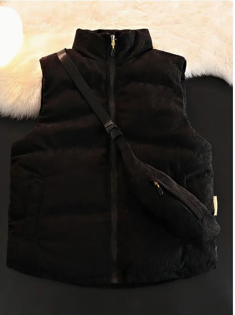 ベスト ダウンベスト ポケット付き 40代 メンズ 大きいサイズ ソリッドストライプ コーデュロイ ノースリーブジャケット アウトドア アクティビティ用 小型クロスボディバッグ付き カジュアル ジップアップベスト おしゃれ クロスボディバッグ ブラック 黒