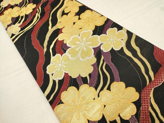 振袖用袋帯　舞桜柄　白地に銀ラメ　逸品 平和屋着物▽振袖用六通柄袋帯 舞桜文 黒地 金銀糸 正絹 逸品