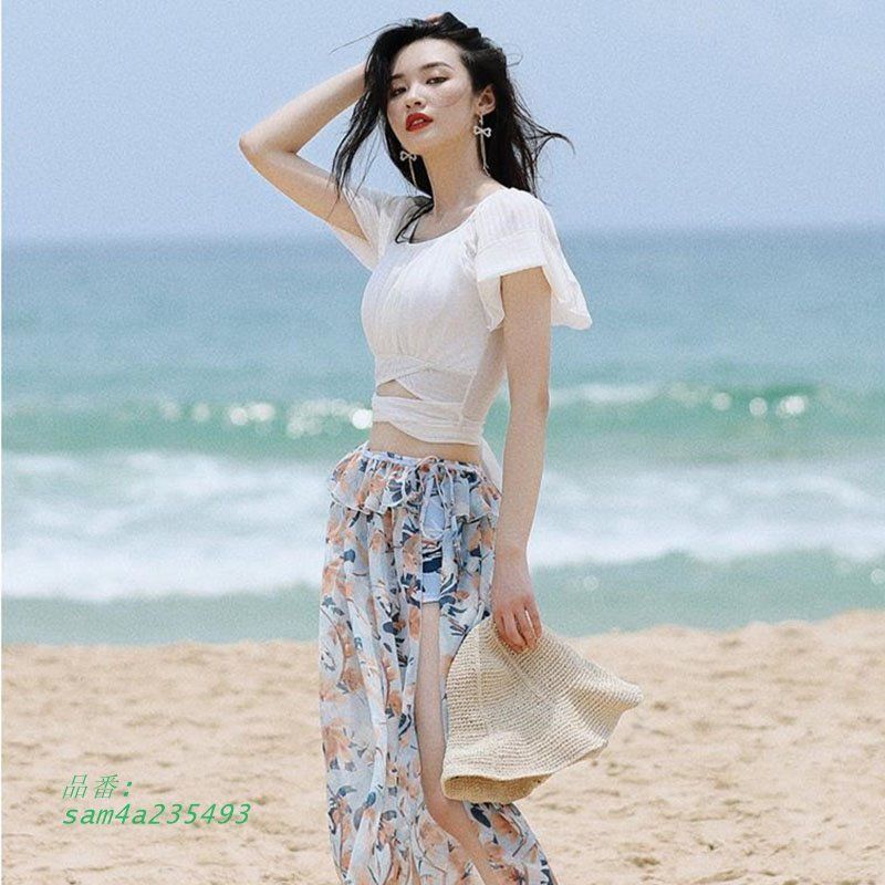 水着 レディース セパレート セット ビキニ タンキニ 隠れる ママ水着 フリル お腹 ビーチ プール 海 3点セット 夏 洋服風 リボン 袖付き スプリット スカート am4a235493