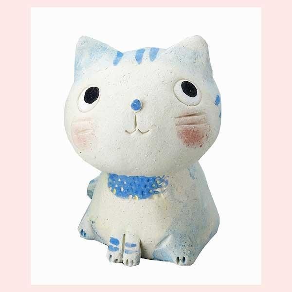 置物　赤ちゃん猫・青　K5437　※陶器，開運招福，縁起物，和，民芸品，工芸品，日本，レトロモダン，かわいい，可愛い，ユニーク，，コレクション，マスコット，子猫，仔猫，キャット