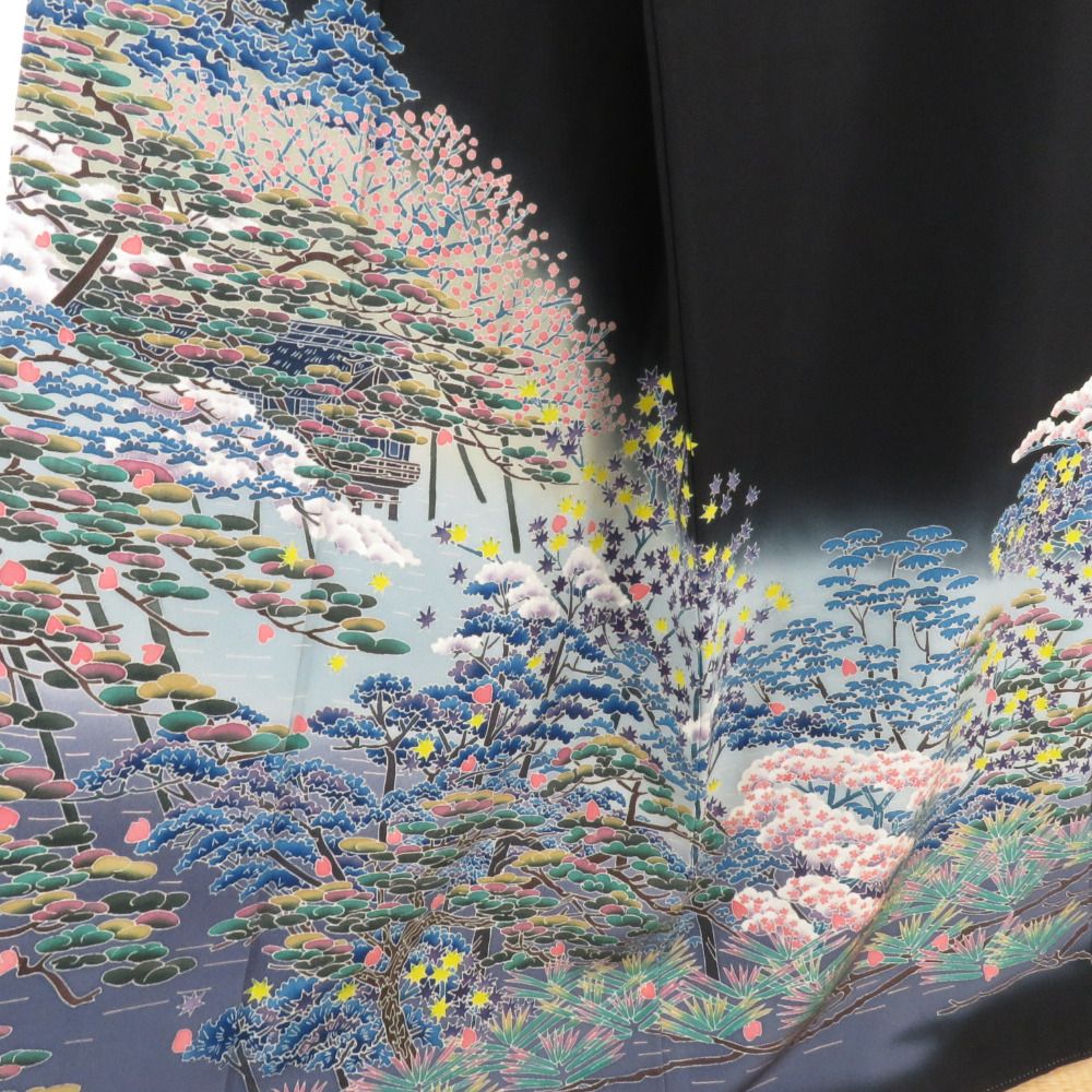 本加賀友禅 黒留袖 杉浦伸 流水に枝花文様 正絹 袷 広衿 比翼付 落款入