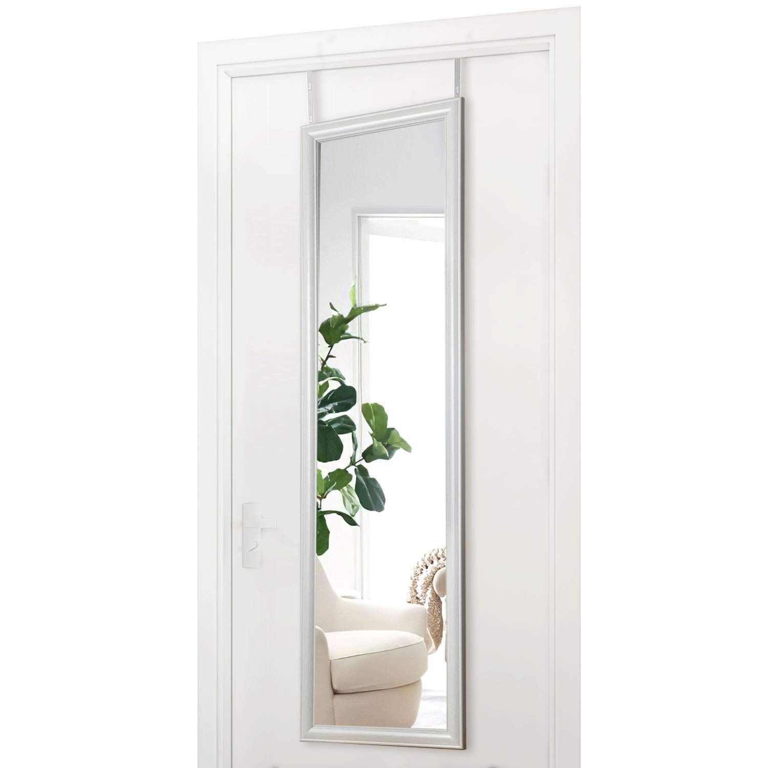 ミルオ君の鏡工房 ドア掛けミラー 全身鏡 全身ミラー 姿見 高さ調節式 壁掛け鏡 工具不要 飛散防止 HD鏡面 110x30cm 白い木目