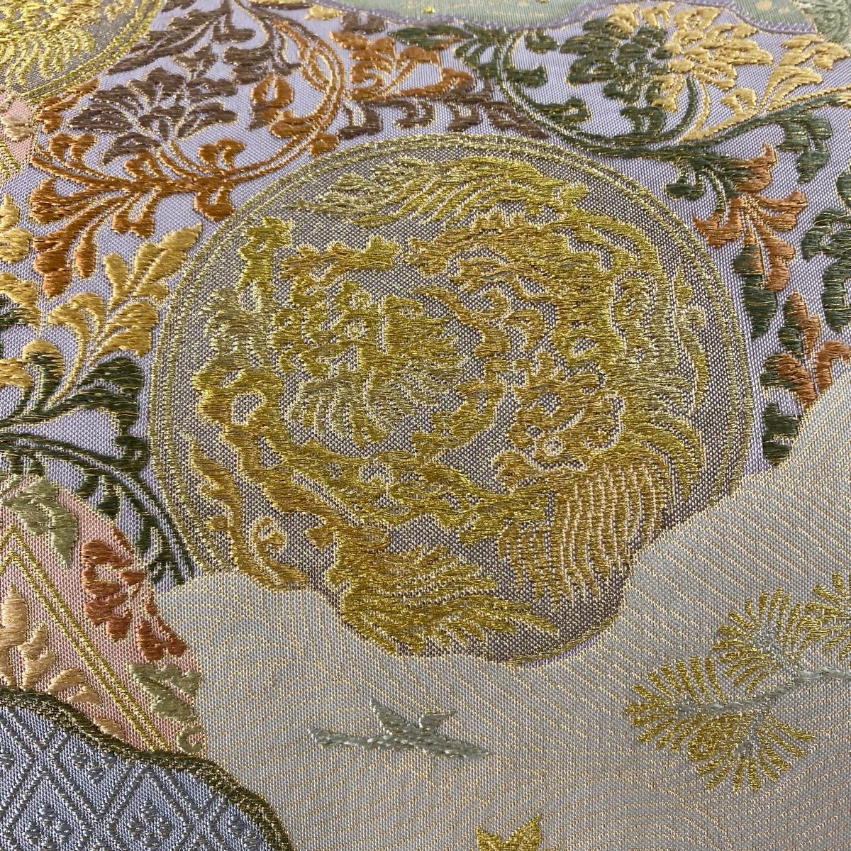 袋帯 美品 秀品 道長取 鳳凰 金糸 刺繍 灰緑 六通 正絹 【中古