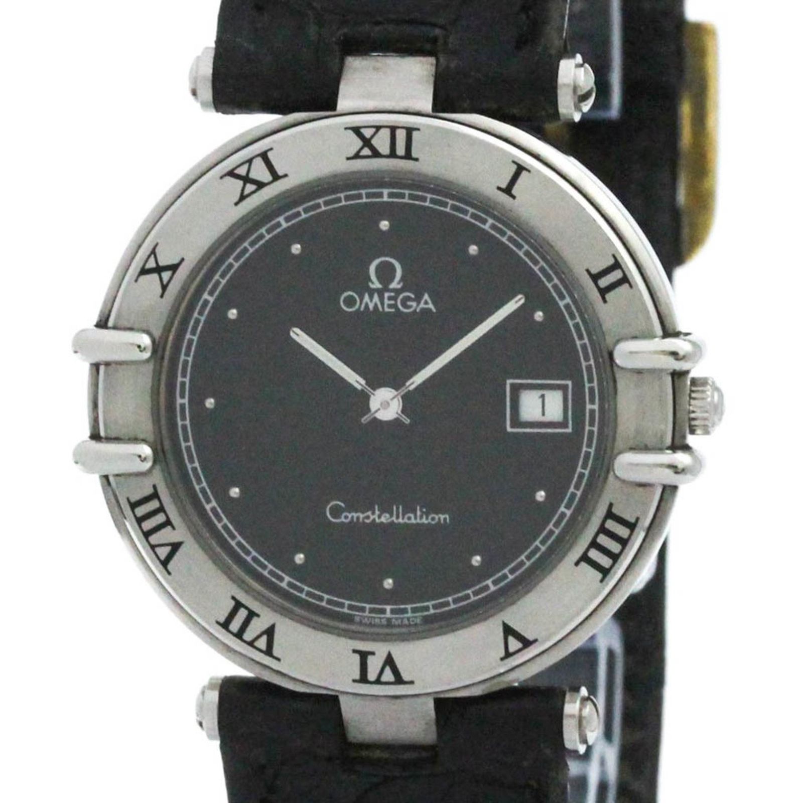 OMEGA Constellation Date Stainless Steel Leather Quartz Mens Watch 196.0360 (Exterior Finished)
