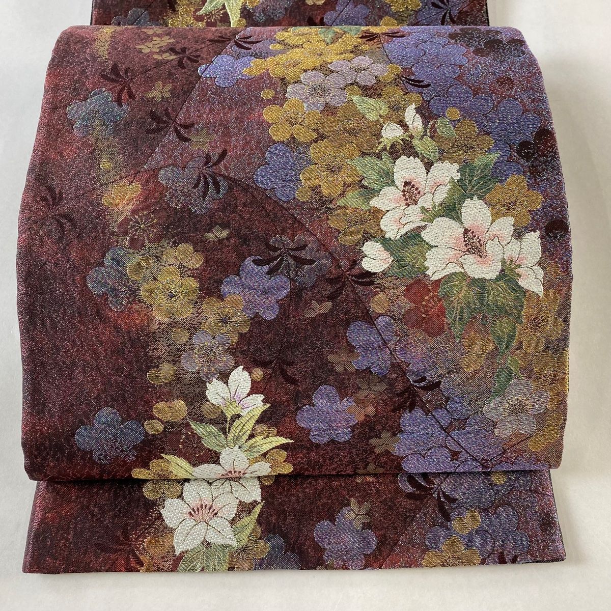 袋帯 秀品 草花 梅 金糸 ラメ糸 赤紫 六通 正絹