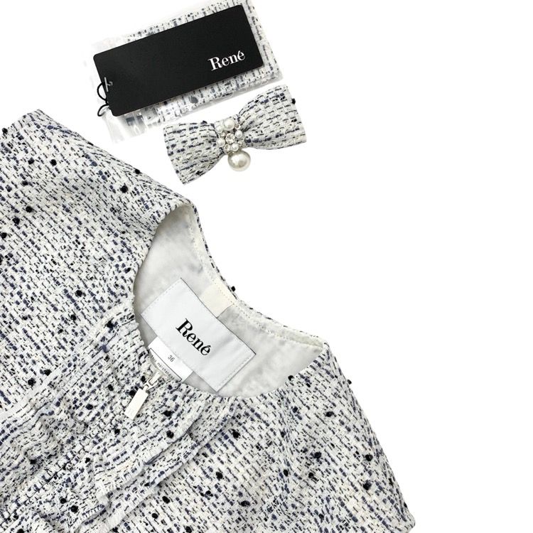 未使用 タグ付き ルネ ツイードワンピース リボン フリル フロント