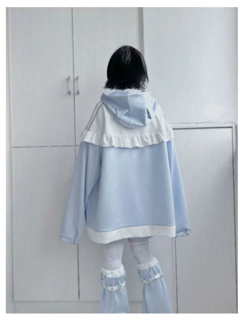  猫耳 パーカー 水色 地雷系 サブカル ジャージ 3点セット レディース メンズ フリルジャケット ブルゾン ハーフパンツ レッグウォーマー 長袖 上下セット 服 サブカル地雷 天使界隈 天使 水色界隈 原宿系 地雷系量産型 ファッション パーカー トップス