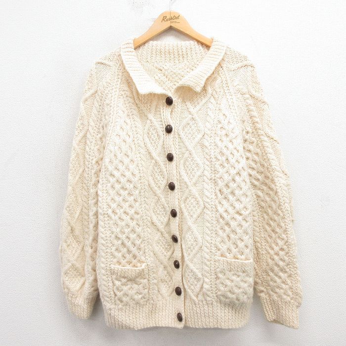 古着 長袖 アラン フィッシャーマン ケーブル ニット カーディガン レディース 生成り 25oct22 トップス