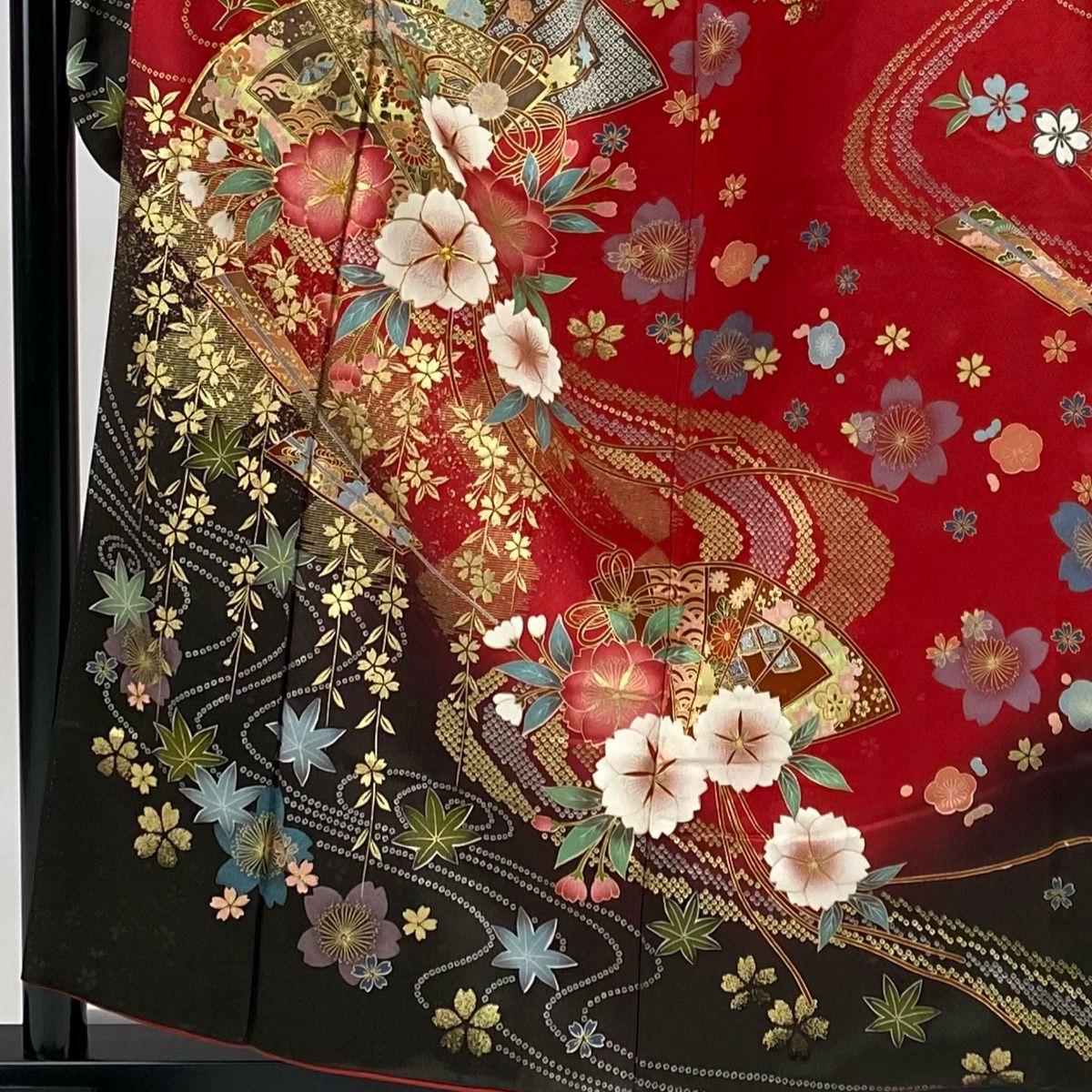 ロミナ✾m656＊美品 正絹 金駒刺繡 牡丹 桜 扇 振袖単品 409z16〇振袖 金彩 金駒刺繍 松 波 牡丹 菊 桜〇美品 成人式