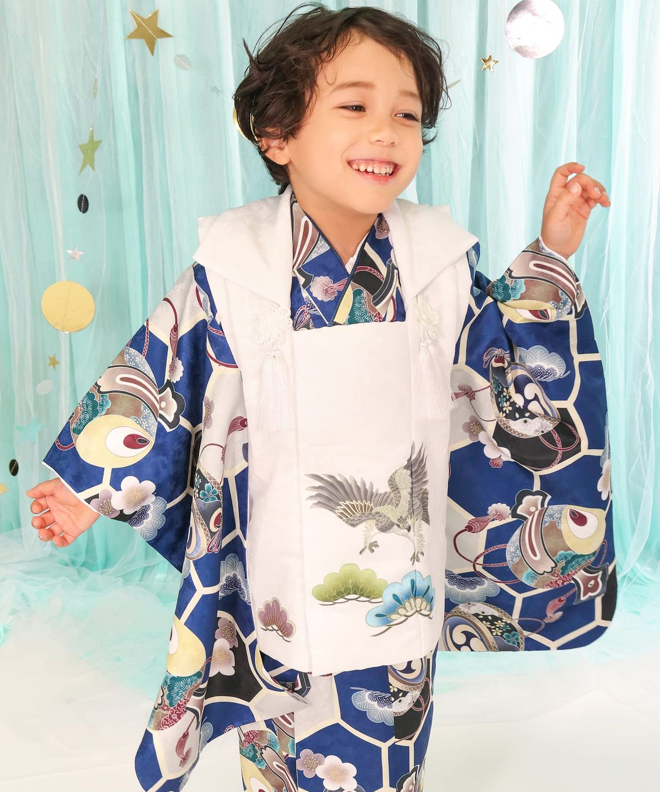 KYOETSU キョウエツ 七五三 3歳 着物 男の子 被布 フルセット しちごさん 5.紺青亀甲の雅趣 90-100 cm
