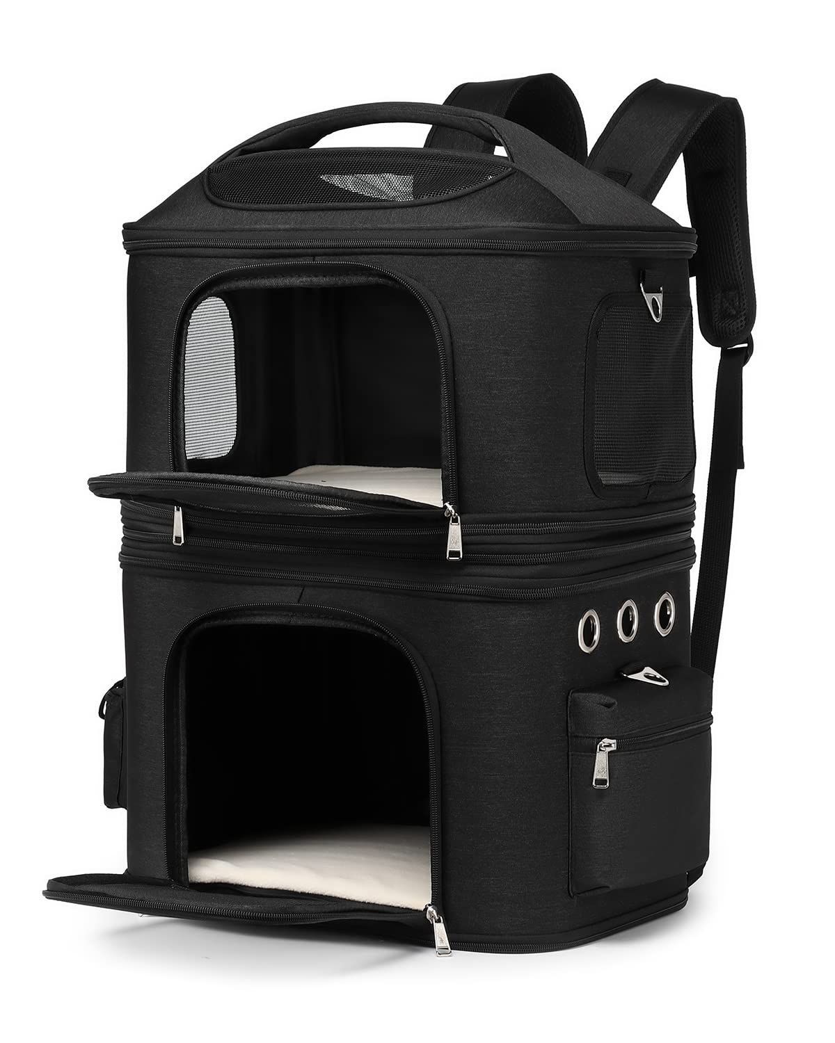 Color ブラック CHINSUKIDA 猫 2匹 リュック 分離可 キャリー 2層 ペット キャリーバッグ 小型犬 ソフトクレート 折りたたみ可 マット付き 2way 通院用 ブラック