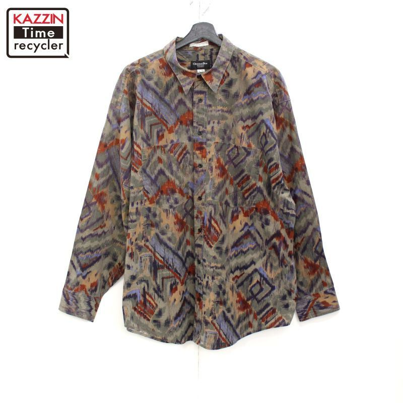 90s vintage Christian Dior 総柄 長袖シャツ メンズ 表記XL