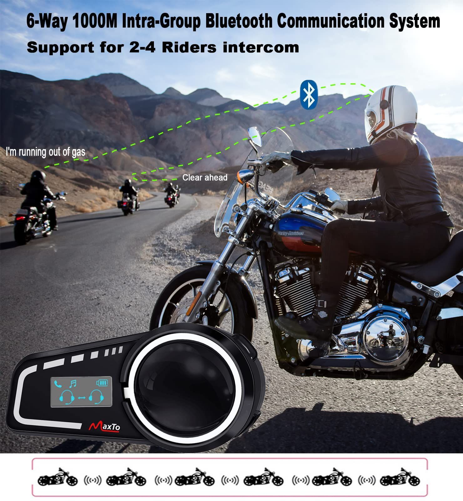 新品 Maxto M2Cバイクインカム 最大6人同時通話インカム 1000M通話距離Bluetooth5.0防水インターコム LCD表示画面付き  HI-FI音質スピーカーいんかむ FMラジオ GPS Siri音声対応 2台設備同時接続インカムバイク 2種類マイ - メルカリ