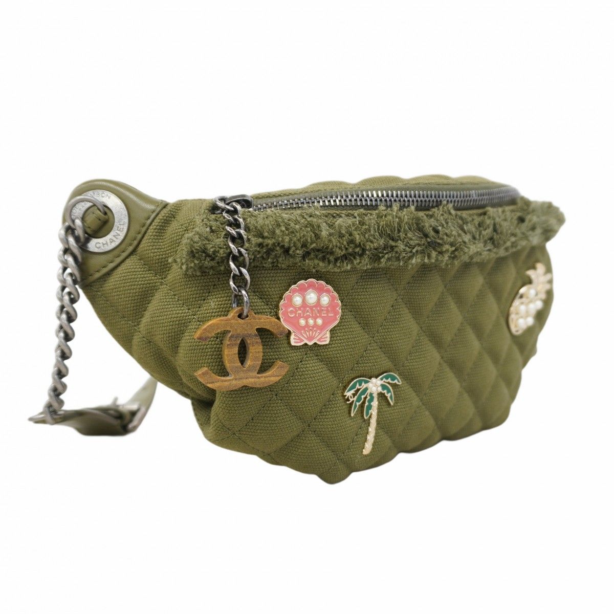5id4214-h シャネル ウエストバッグ クルーズライン キャンバス カーキ シルバー金具 レディース