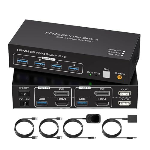 【人気商品】HDMI+DisplayPort KVM 切替器 デュアルディスプレイ 8K HDMI Displayport KVM 切替器 2PC  共有 8K@60Hz 4K@120Hz USB 3.0 KVM スイッチャー USB3.0 ハブ セレクター U