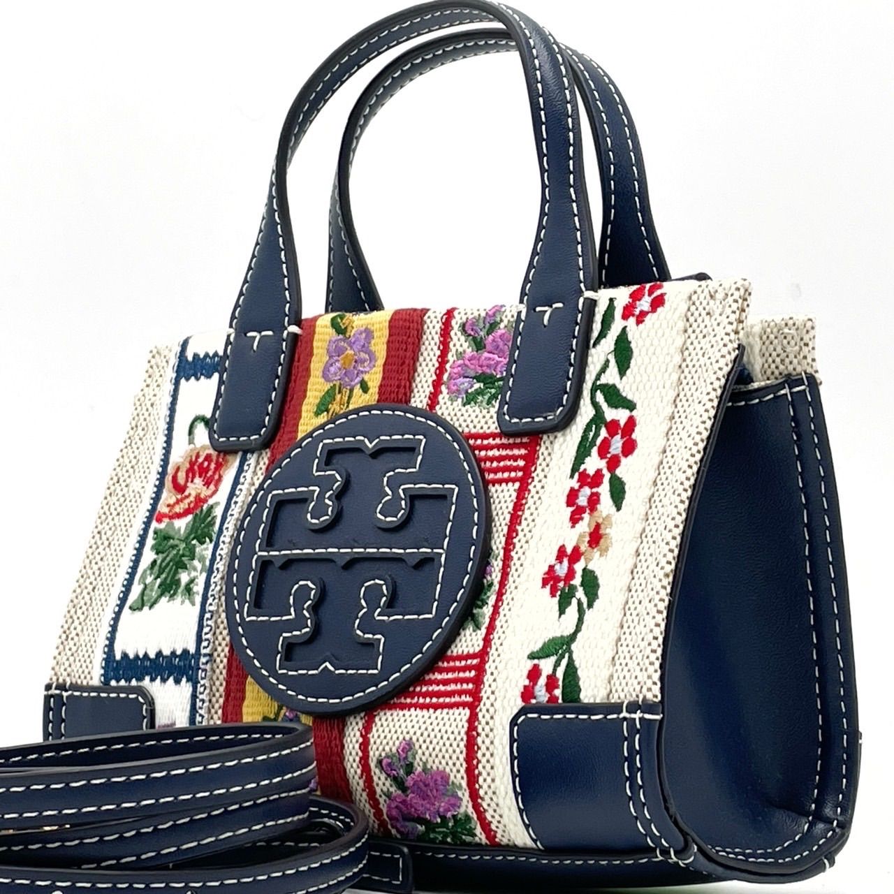 ✨良品✨ Tory Burch トリーバーチ 2way ハンドバッグ ショルダーバッグ エラ 花柄 刺繍 デカロゴ マルチカラー キャンバス レザー  肩掛け 斜め掛け レディース ブルー 青色