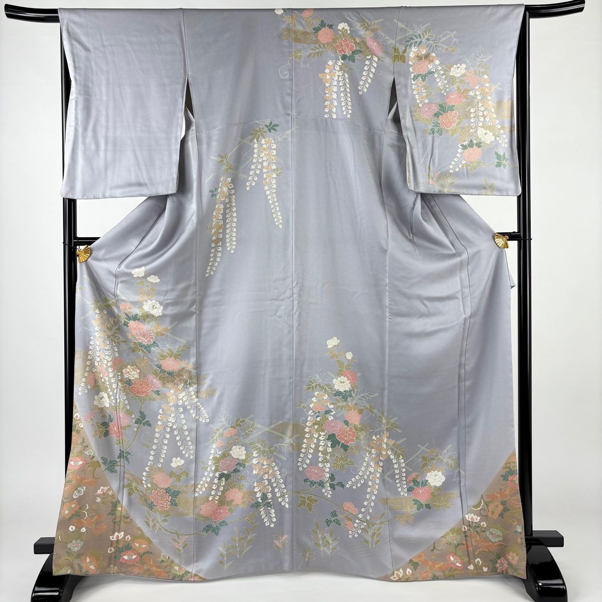 未使用品 訪問着 金彩 ビロード 牡丹 菖蒲 吉祥花 身丈169.0cm袷 正絹 訪問着 身丈166cm 裄丈66.5cm M 袷 藤 牡丹 金糸 金彩 灰色 正絹