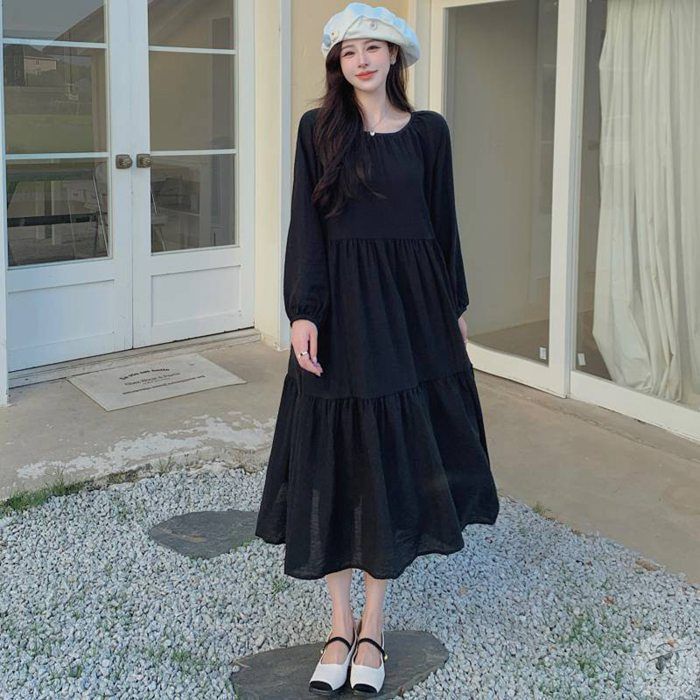 ワンピース ゆったりワンピース マキシ 無地ワンピース 可愛い レディース ロング ワンピース ワンピース 秋 冬 春 長袖 ブラック きれいめ ロング丈 マキシ丈 Anmb403