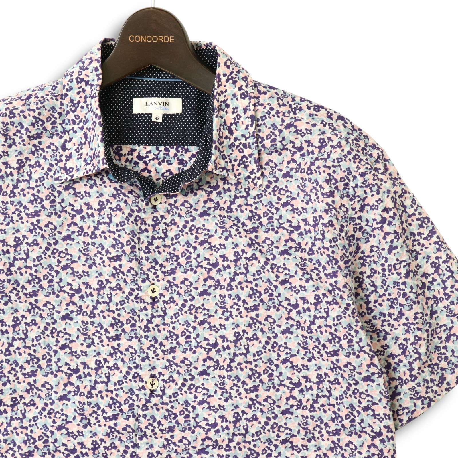 ランバン 総柄シャツ 花柄 M コットンブラック/パープル美品 LANVIN en Bleu ランバン オン ブルー 春夏☆ 花柄 フラワー総柄 半袖