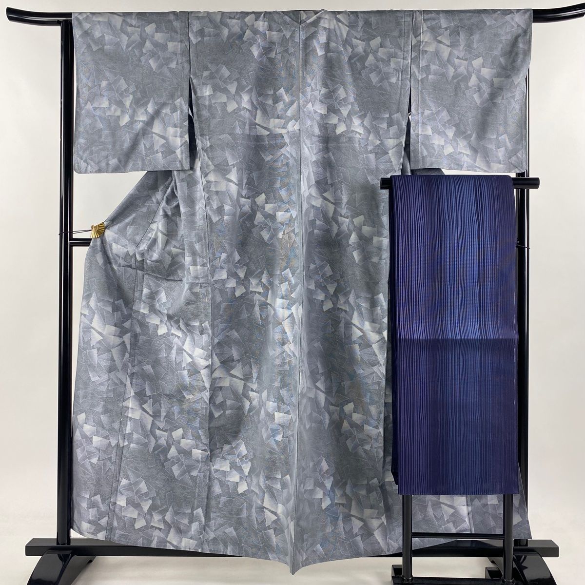紬 身丈159cm 裄丈66.5cm M 単衣 名古屋帯セット 幾何学 灰色 正絹 秀品