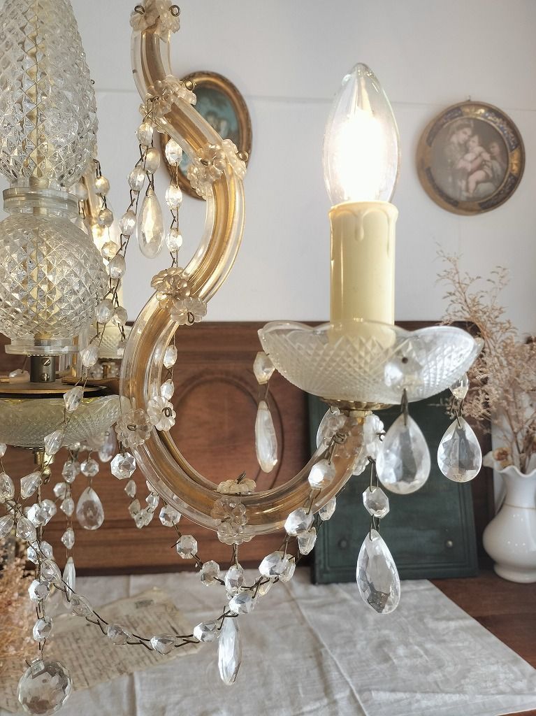 フランスアンティーク シャンデリア 3灯 ガラスドロップ シャビー